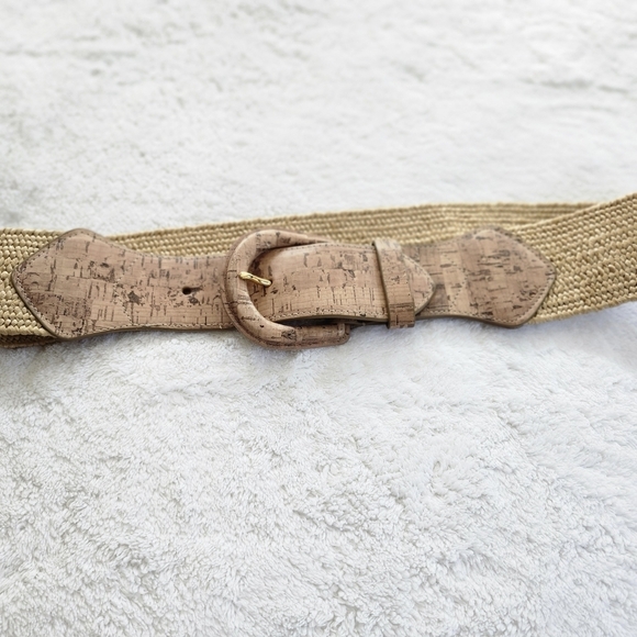 Lauren Gold and Brown Woven stretch Belt with Cork Buckle - Picture 2 of 5